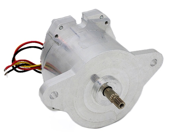 Motore DC brushless in alloggiamento di alluminio su misura con alette di fissaggio e albero di uscita dentato