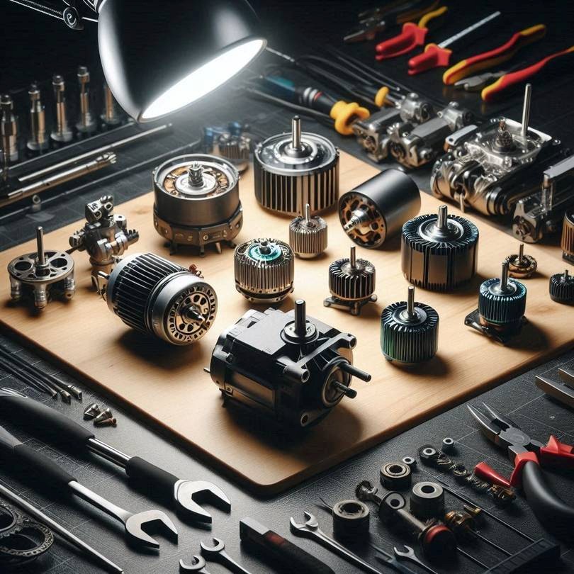 Motori elettrici e motoriduttori di diverse versioni su un banco di lavoro con attrezzi