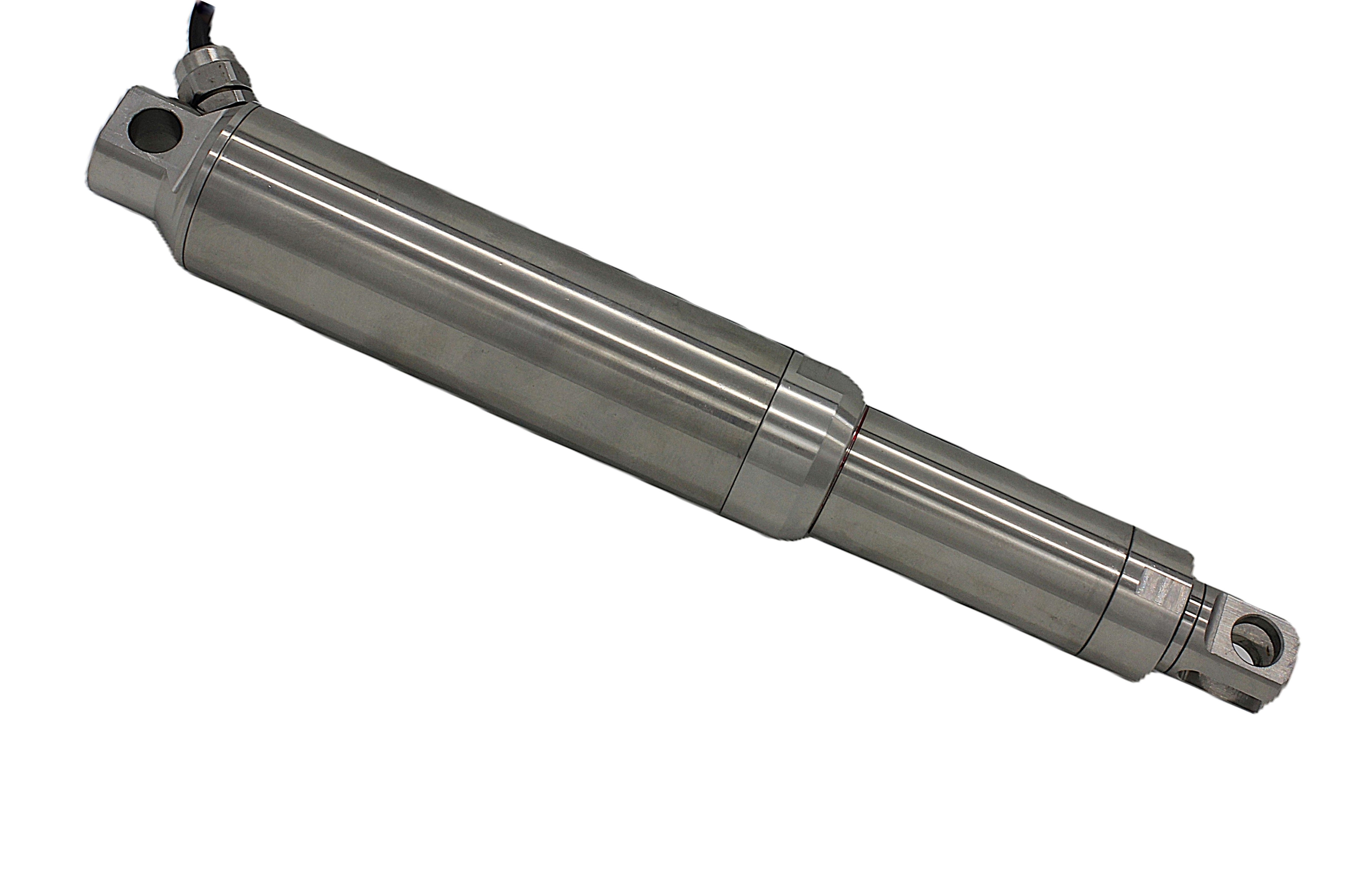 Attuatore lineare in linea in acciaio inox con occhielli di fissaggio e pressacavo