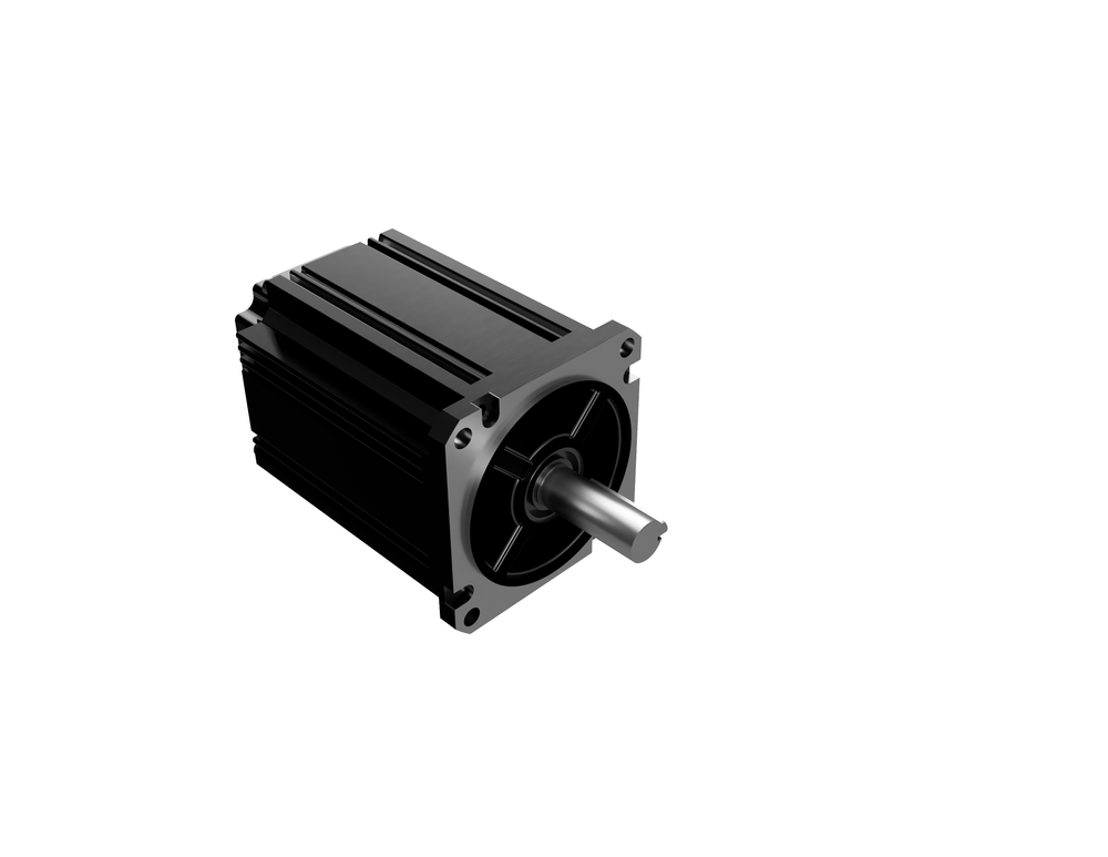 Motore brushless con alloggiamento in alluminio nero alettato e flangia quadra