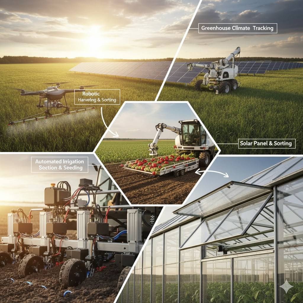 Collage di agricoltura elettrificata: drone irroratore, robot di raccolta, robot seminatore e serra con finestre a tetto automatiche