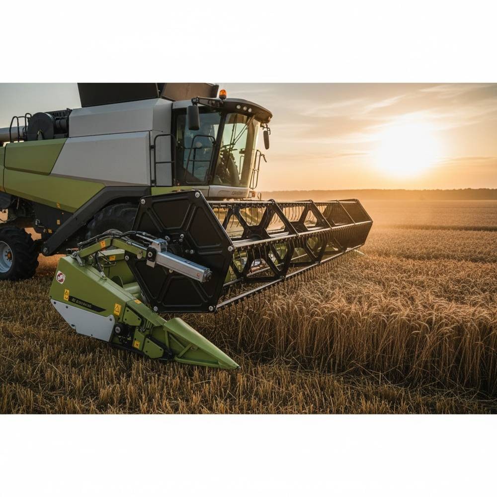 Mietitrebbia in un campo di grano con un attuatore lineare montato sulla testata di taglio