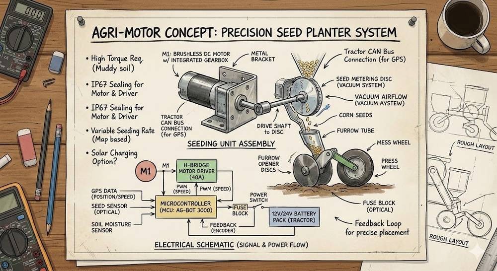 Schizzo concettuale di una seminatrice di precisione con un motore DC brushless che aziona il disco di distribuzione